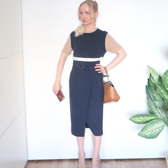 Zarina Smart Navy Blue False Wrap Midi Career Pencil Skirt With Belt S - Picture 2 of 16